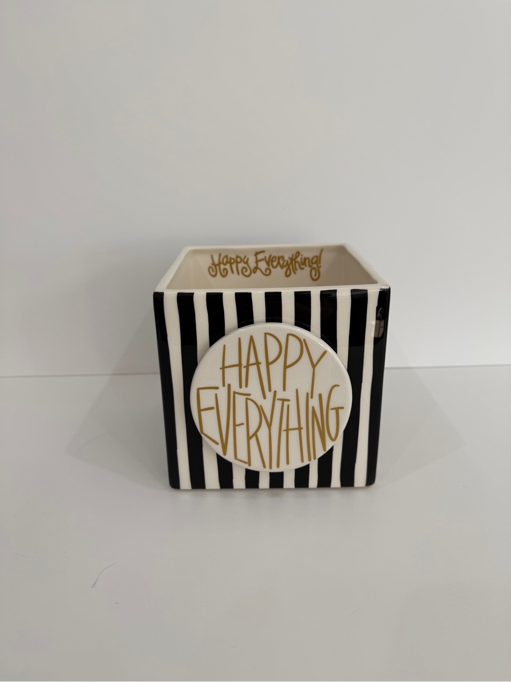 Happy Everything Black & White Striped Medium Ceramic Accent Cube